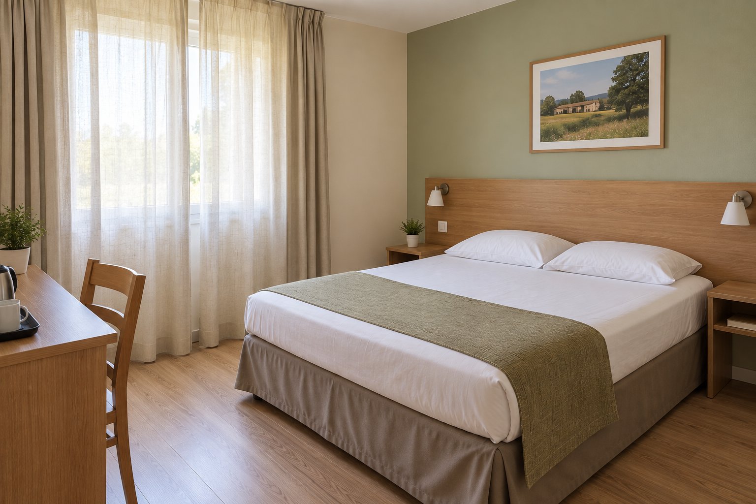Chambre Double : grand lit avec jeté de lit vert olive, murs vert sauge et parquet en chêne clair.