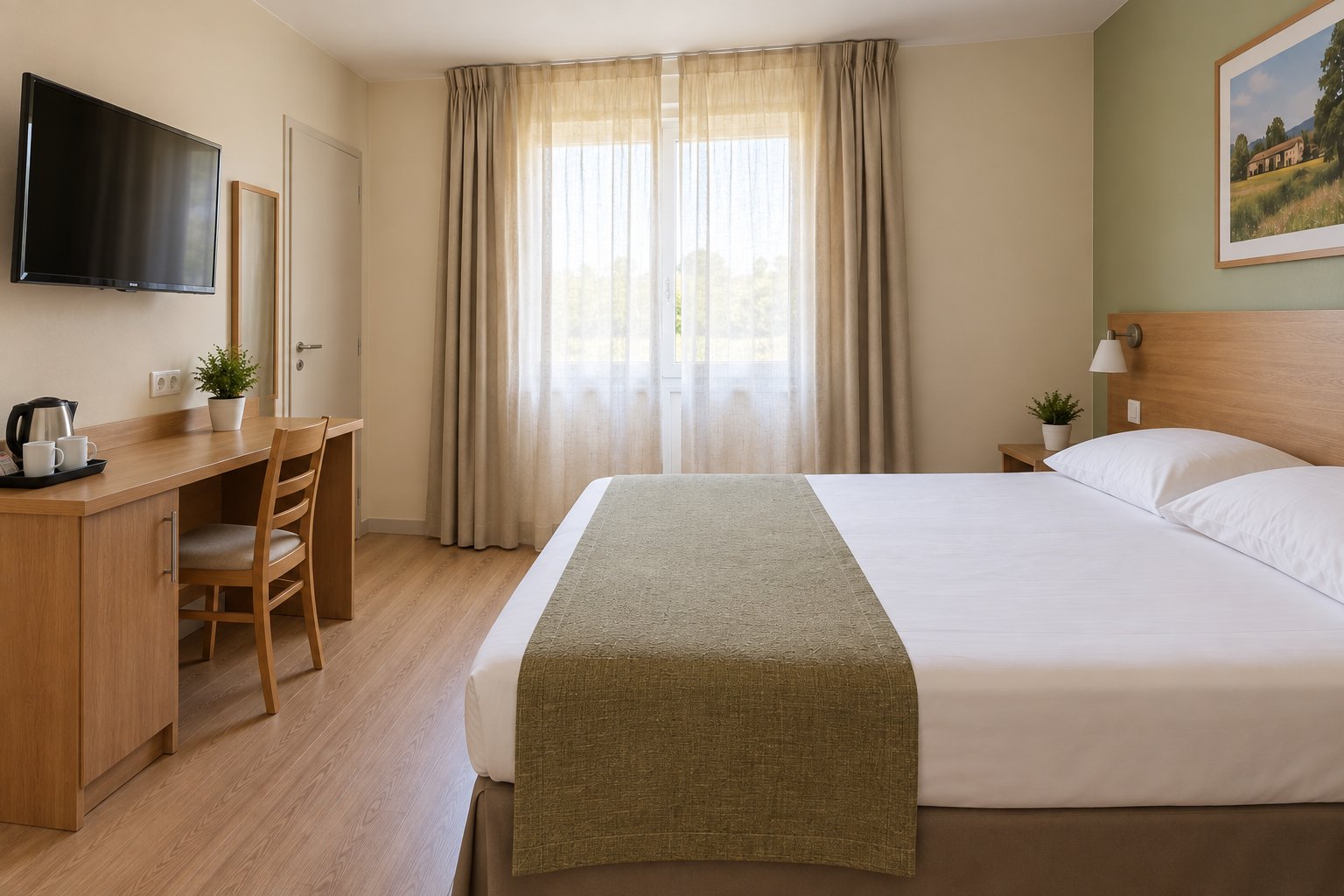 Chambre Double : bureau en bois clair, bouilloire, télévision et fenêtre à voilages.