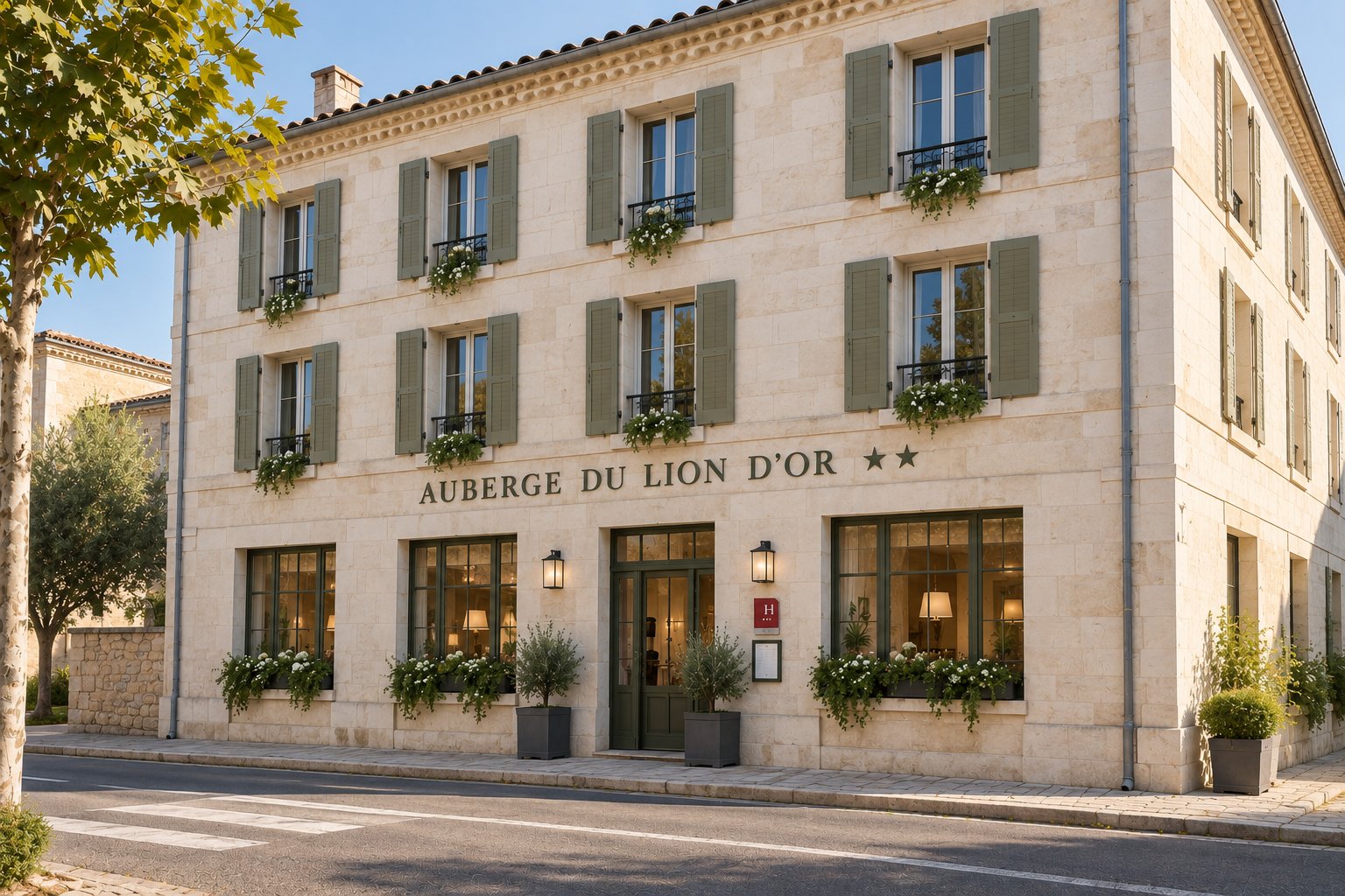 Façade en pierre de l'Auberge du Lion d'Or, volets vert olive et jardinières fleuries, sur la place du village.