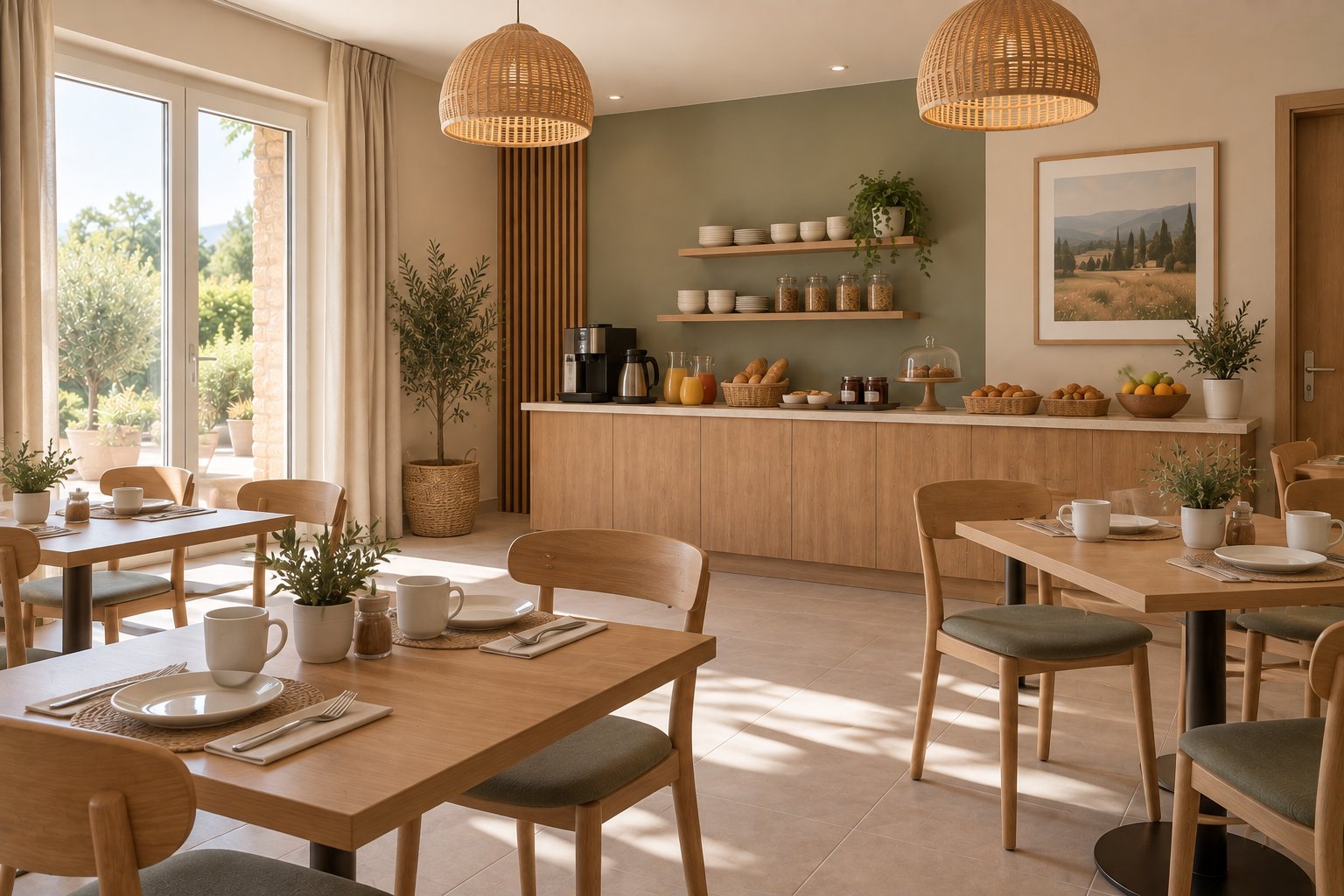 Salle de petit-déjeuner baignée de lumière, tables en bois, buffet de viennoiseries et fruits.
