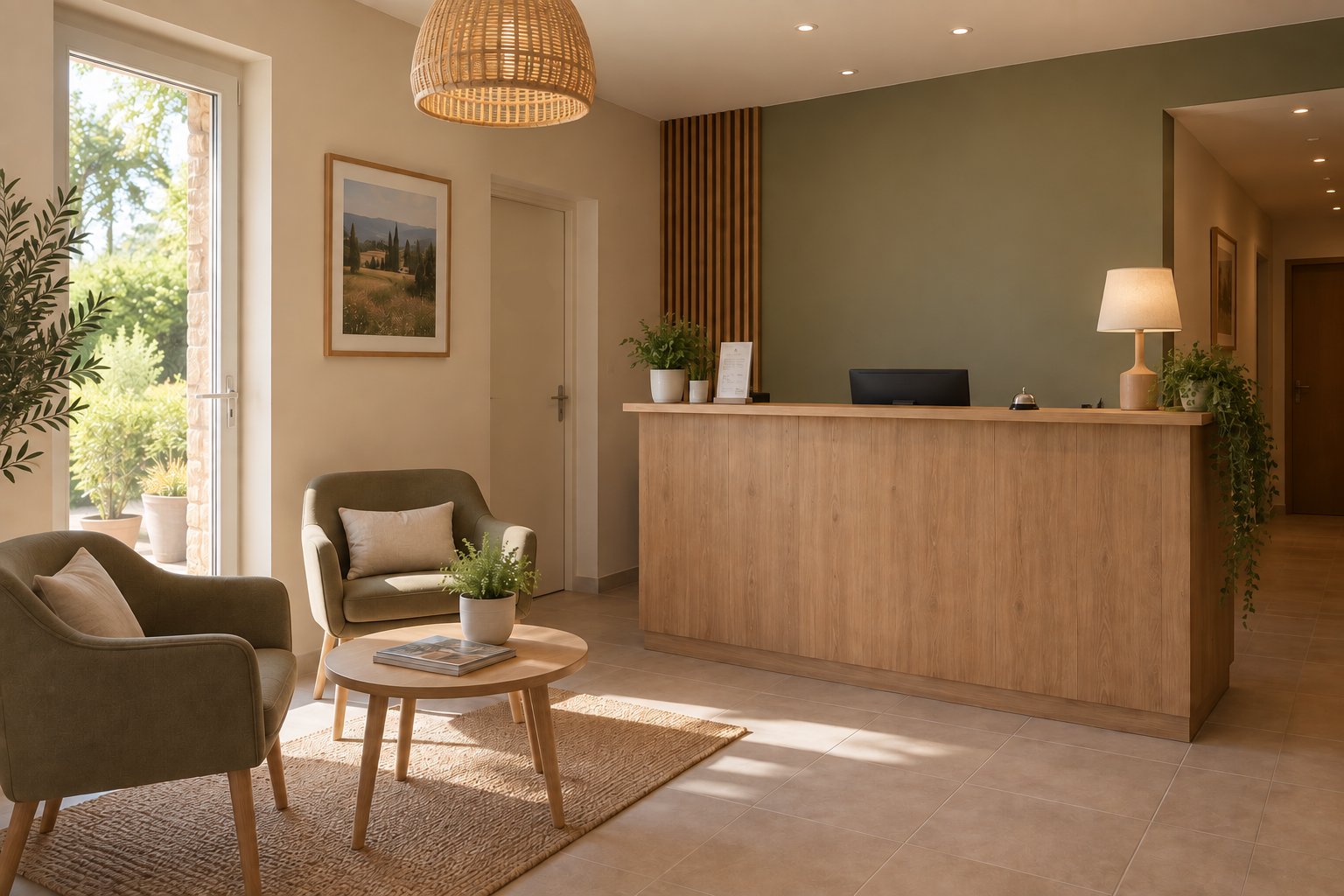 Réception de l'Auberge : comptoir en bois clair, fauteuils en velours vert et lampe en osier.