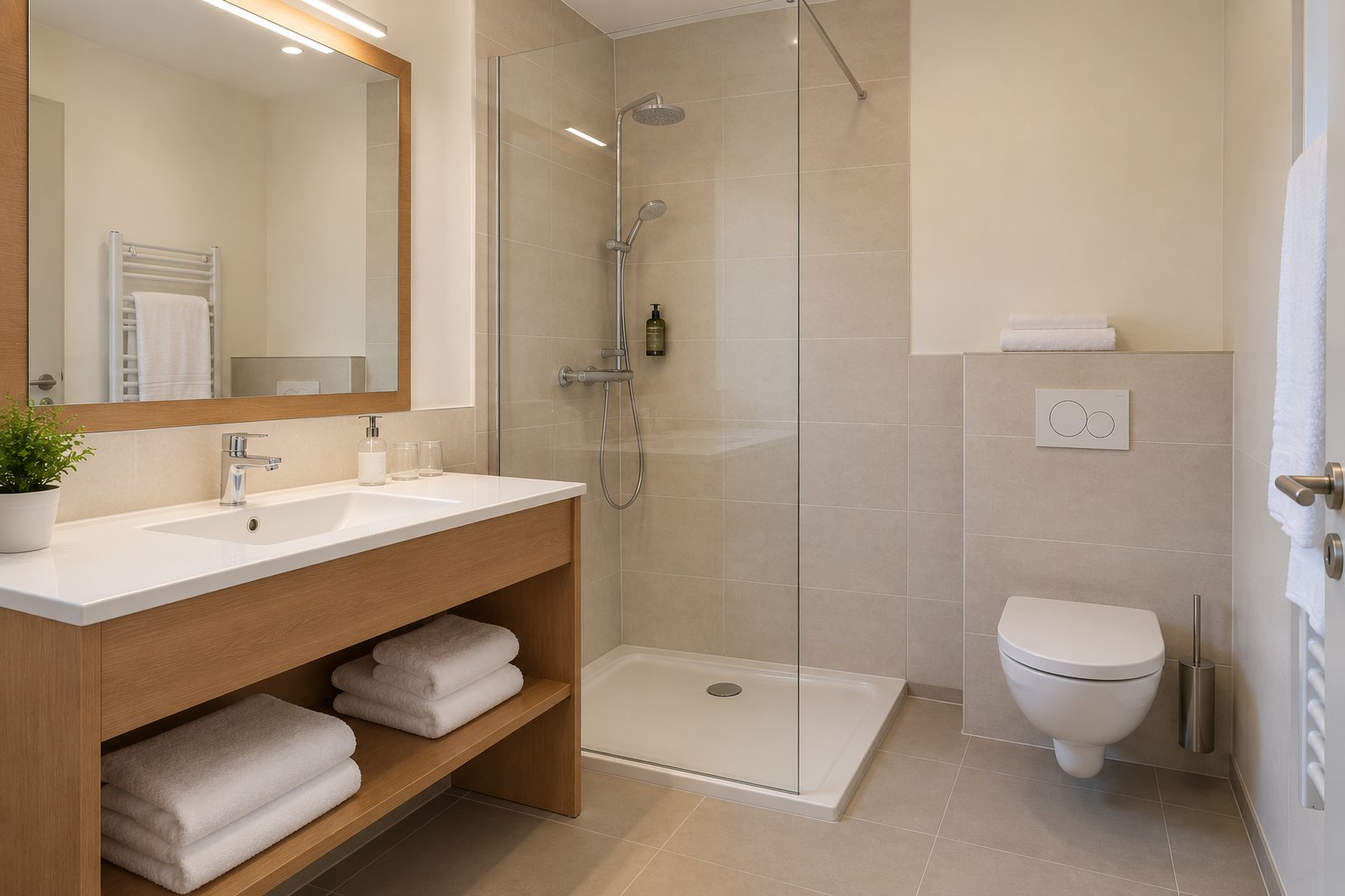 Salle de bain avec douche à l'italienne, vasque sur meuble en bois et serviettes blanches.