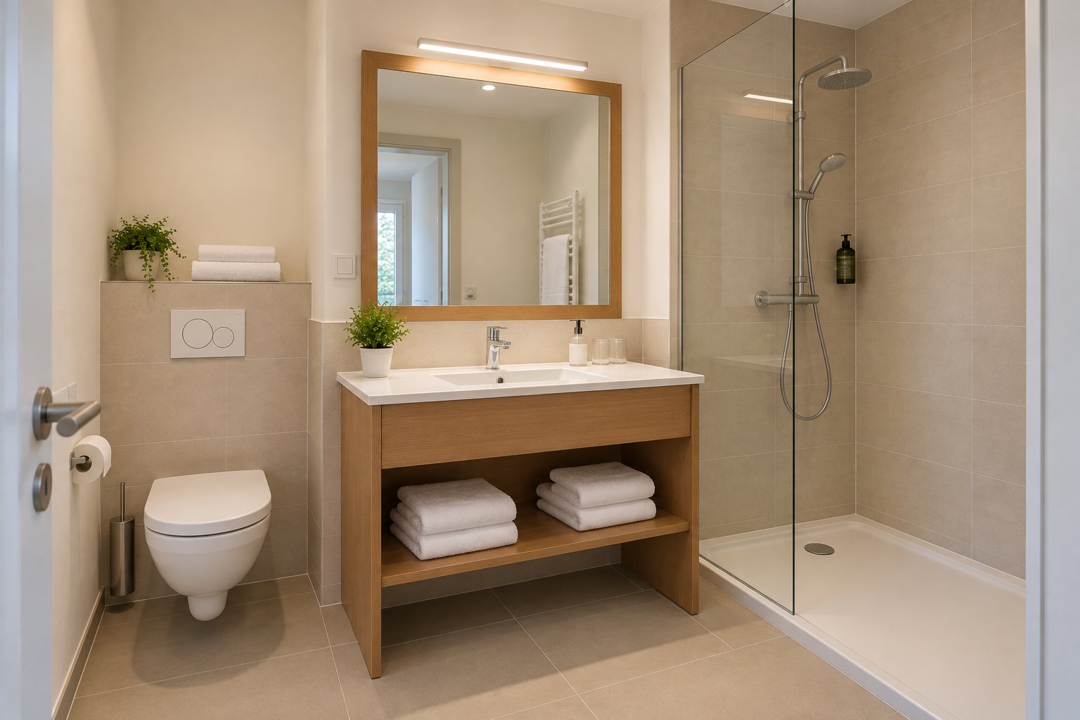 Salle de bain avec douche vitrée, miroir encadré de bois et vasque.