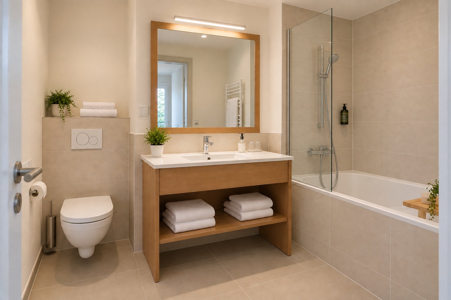 Salle de bain avec baignoire, douche et vasque sur meuble en bois.