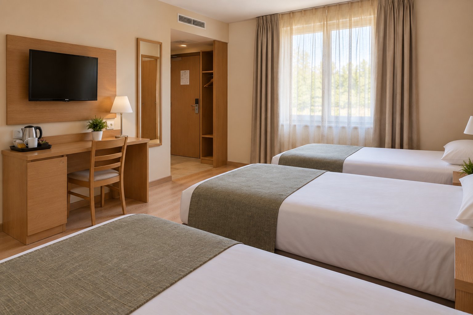 Chambre Triple : trois lits simples, bureau, télévision et grande fenêtre.