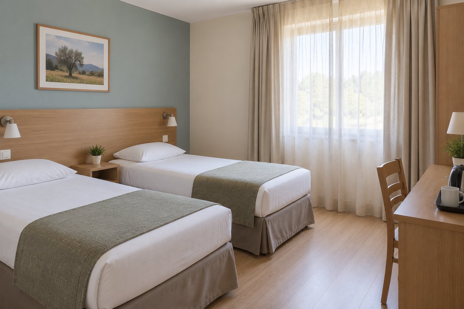 Chambre Twin : deux lits simples, tête de lit en bois et mur bleu-gris.